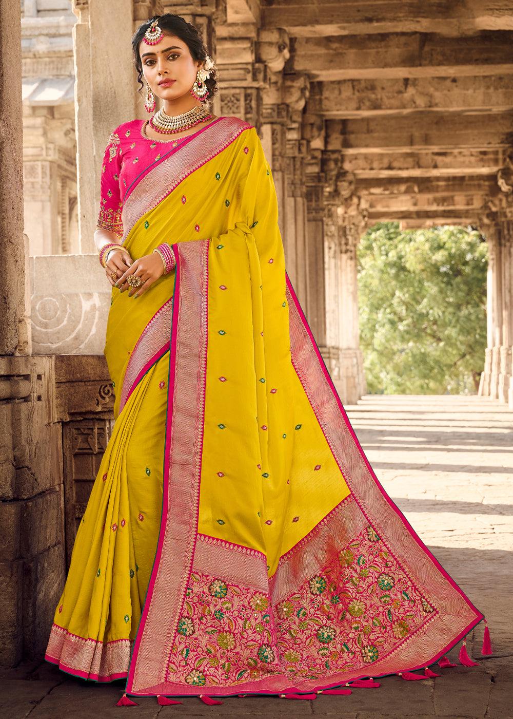 Supernova Yellow Banarasi Woven Silk Saree with Designer Blouse