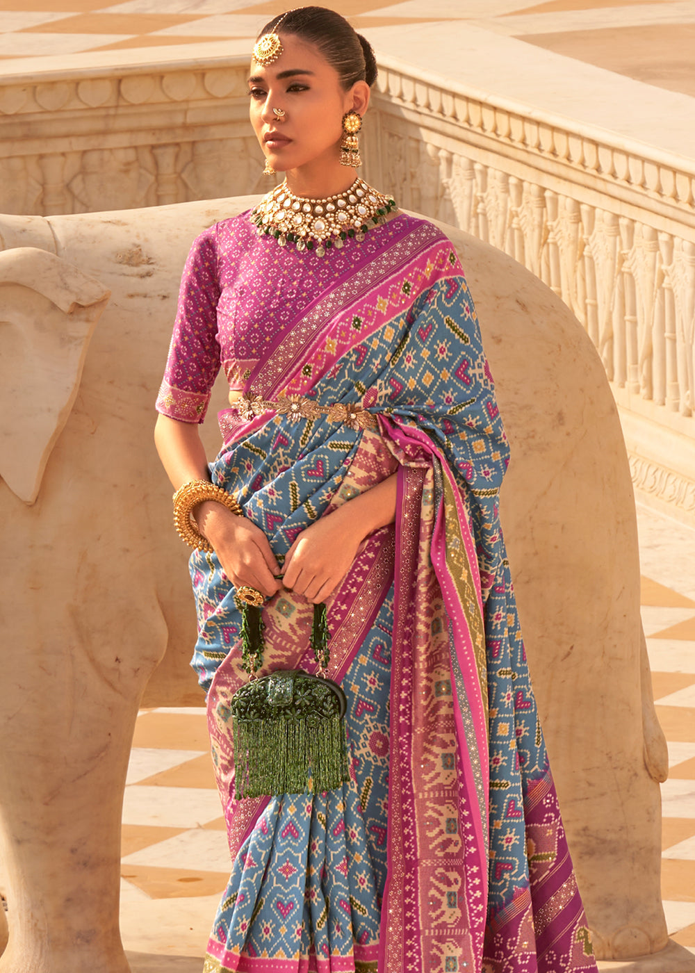 Cascade Blue and Purple Woven Patola Silk Saree