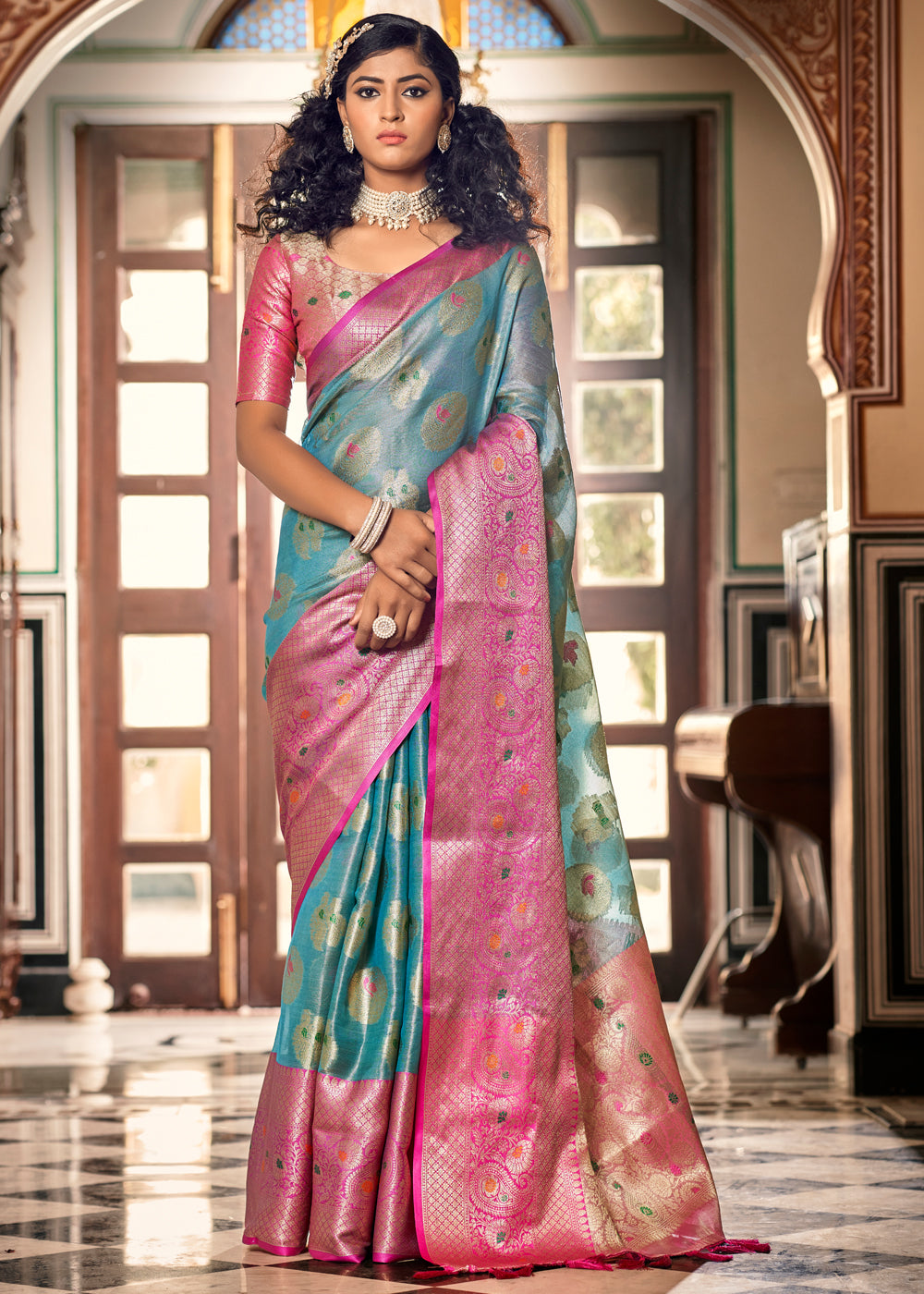 Lynch Blue and Pink Woven Banarasi Organza Silk Saree