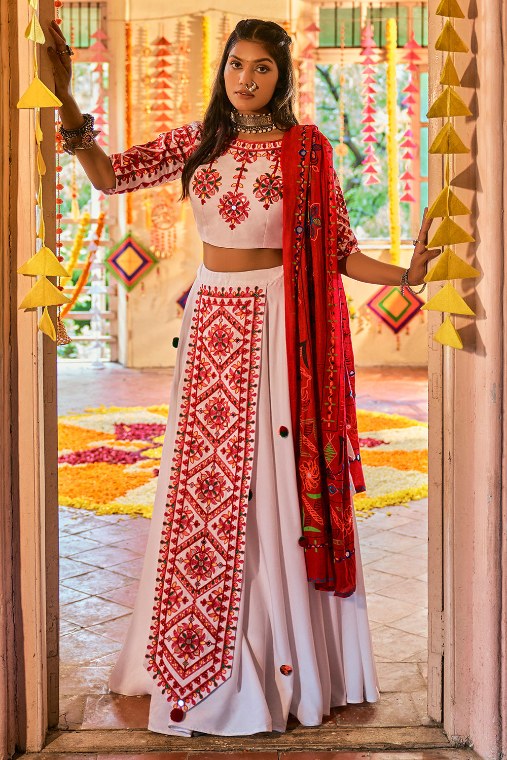 Roman Red White Lehenga Choli