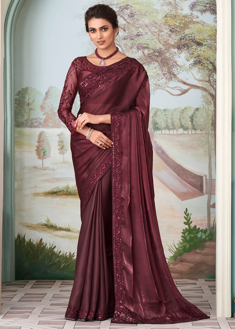 Spicy Mix Maroon Designer Embroidered Satin Silk Saree