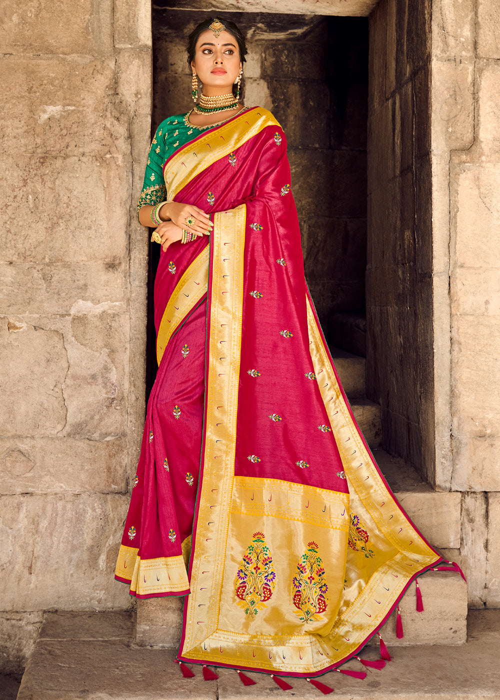 Cherry Red Banarasi Woven Silk Saree with Designer Blouse