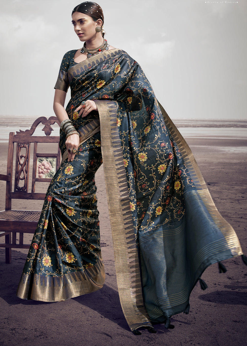 Pale Sky Grey Printed Designer Silk Saree