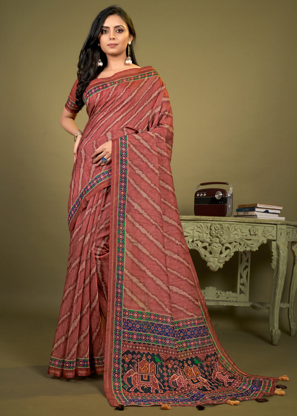 Copper Pink Cotton Printed Patola Silk Saree