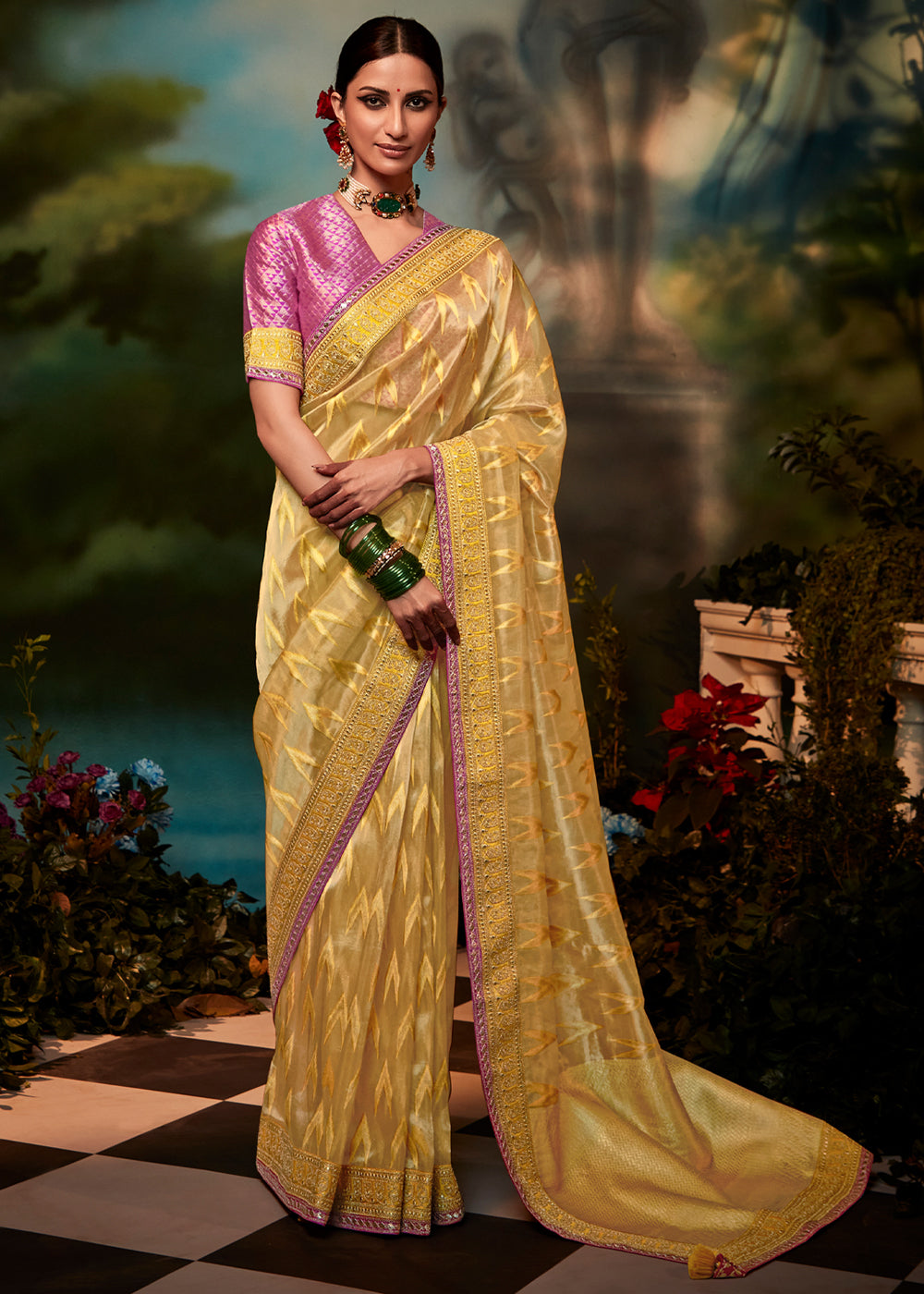 Picasso Yellow and Pink Woven Designer Organza Silk Saree