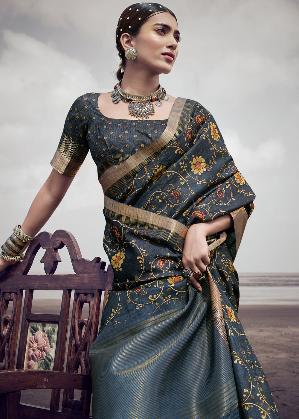 Pale Sky Grey Printed Designer Silk Saree