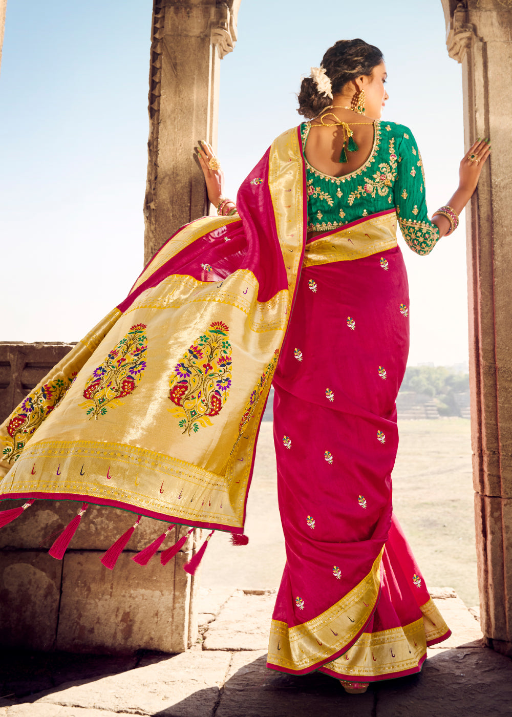 Cherry Red Banarasi Woven Silk Saree with Designer Blouse