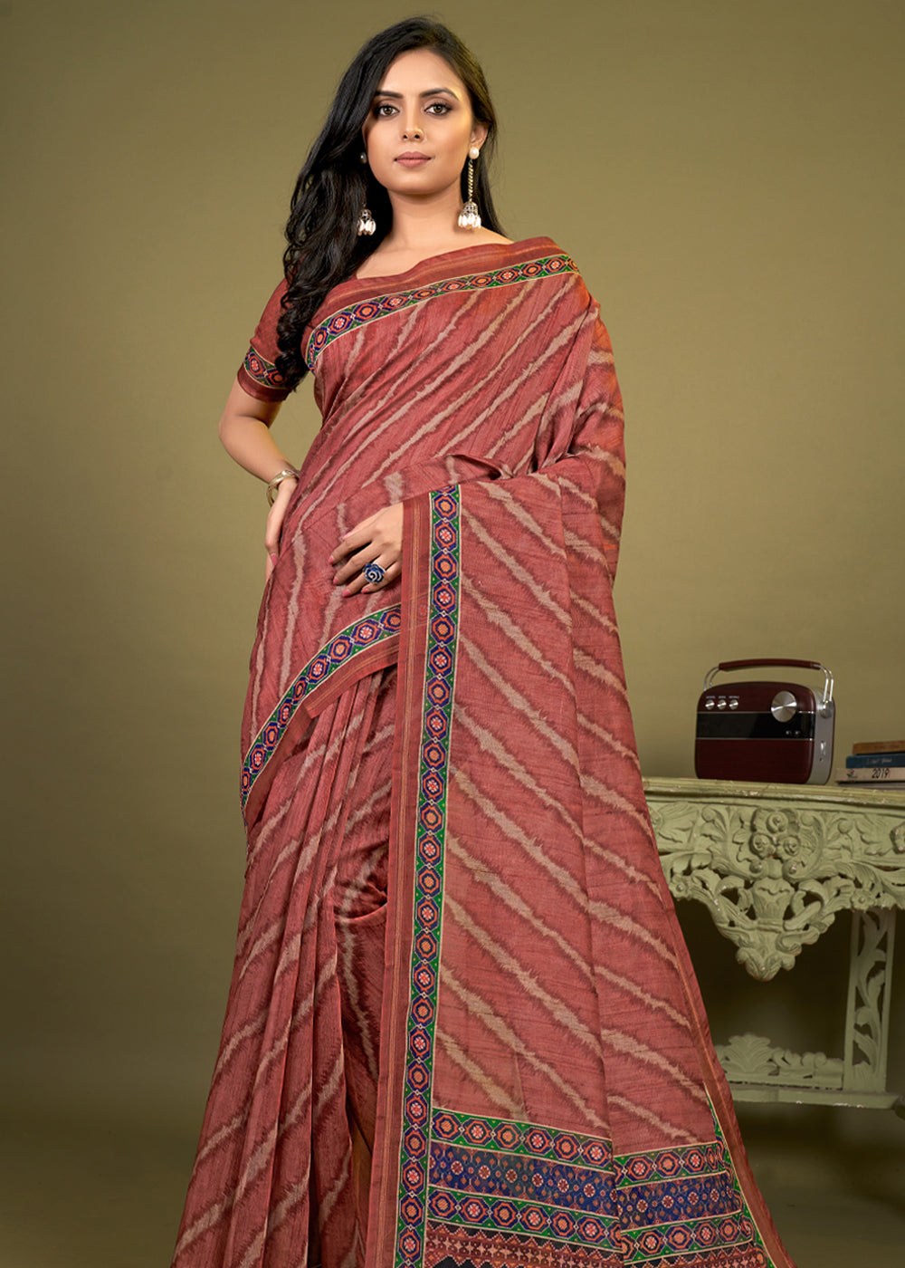 Copper Pink Cotton Printed Patola Silk Saree