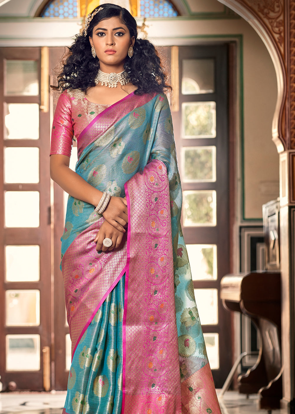 Lynch Blue and Pink Woven Banarasi Organza Silk Saree