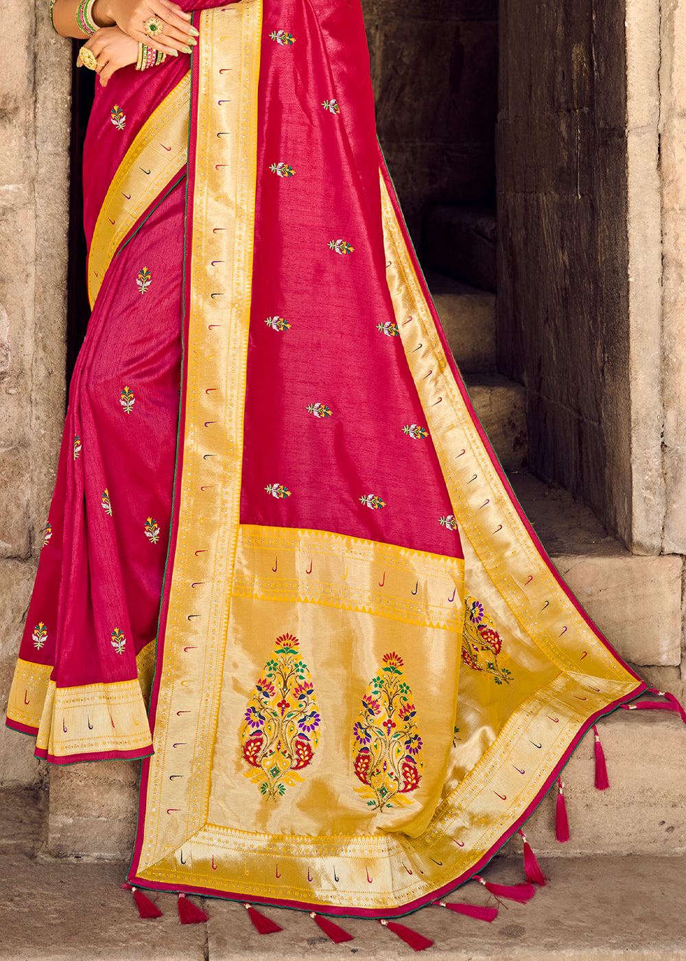 Cherry Red Banarasi Woven Silk Saree with Designer Blouse