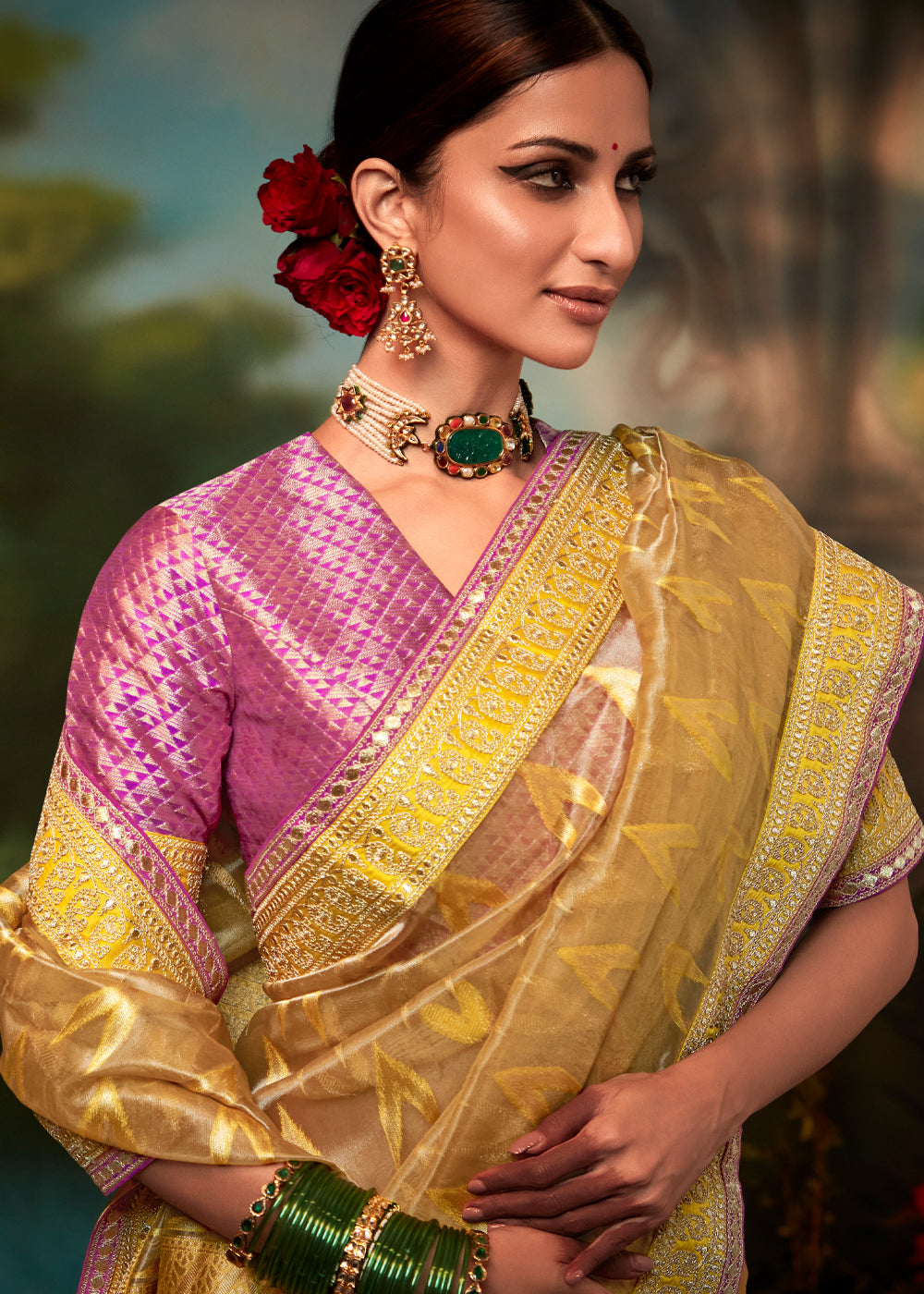 Picasso Yellow and Pink Woven Designer Organza Silk Saree