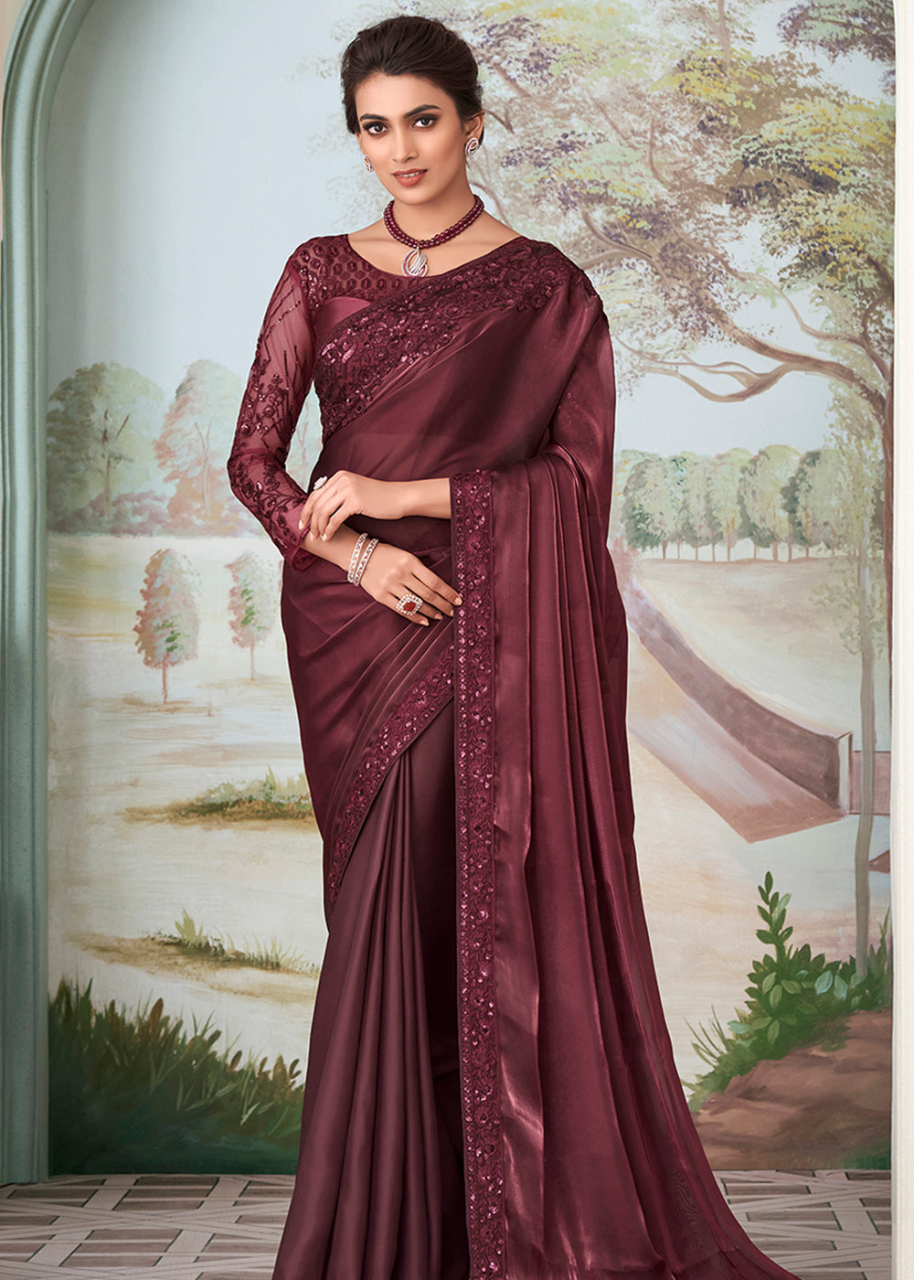 Spicy Mix Maroon Designer Embroidered Satin Silk Saree