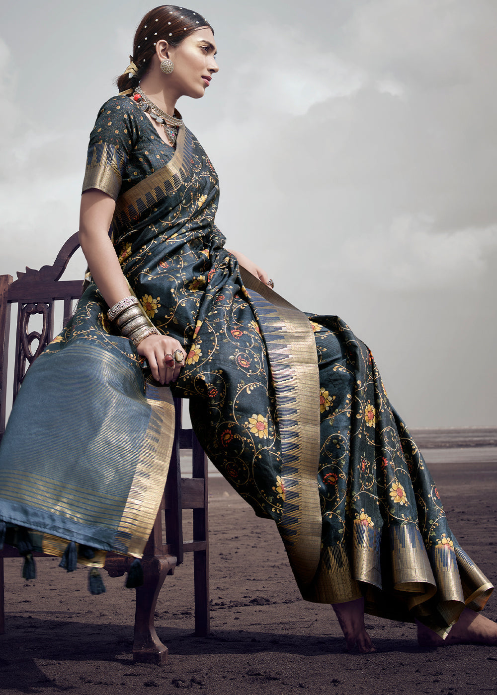 Pale Sky Grey Printed Designer Silk Saree