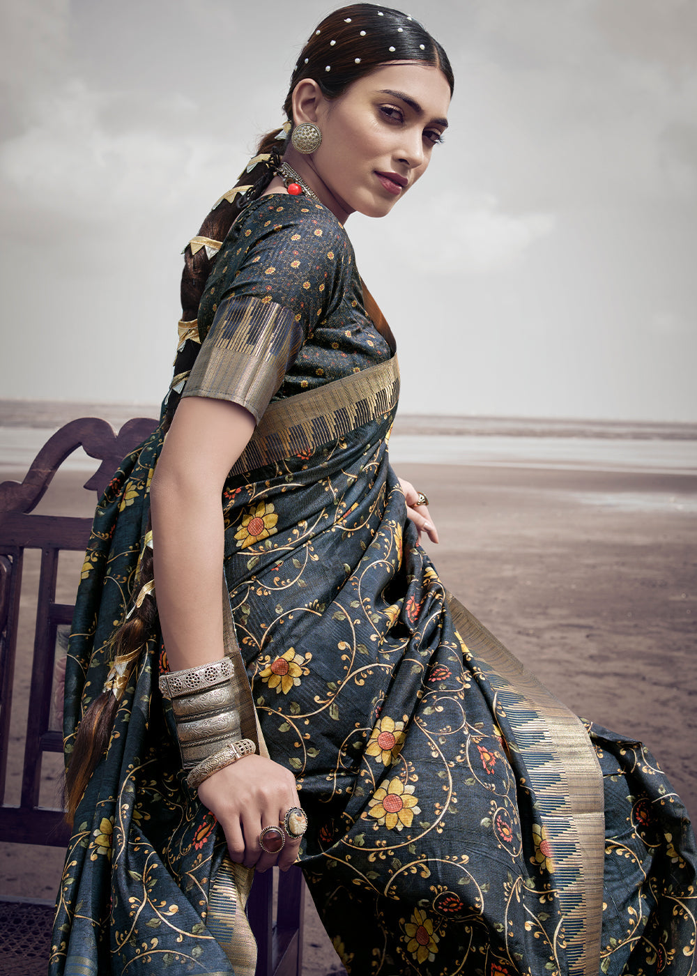 Pale Sky Grey Printed Designer Silk Saree