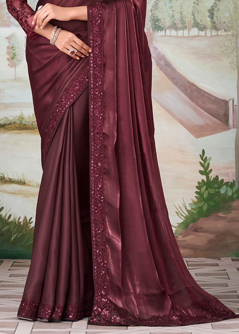 Spicy Mix Maroon Designer Embroidered Satin Silk Saree