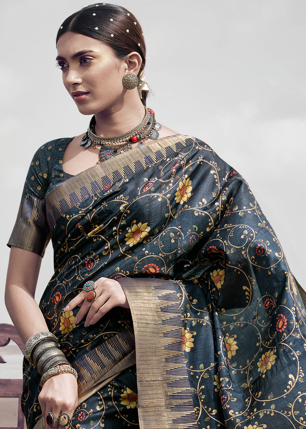 Pale Sky Grey Printed Designer Silk Saree