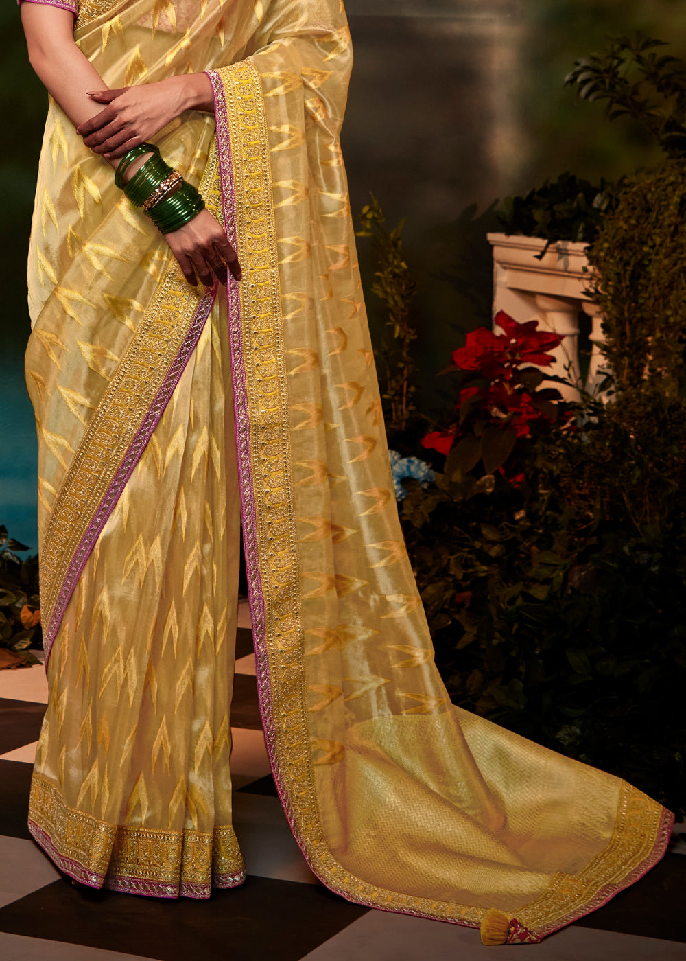 Picasso Yellow and Pink Woven Designer Organza Silk Saree