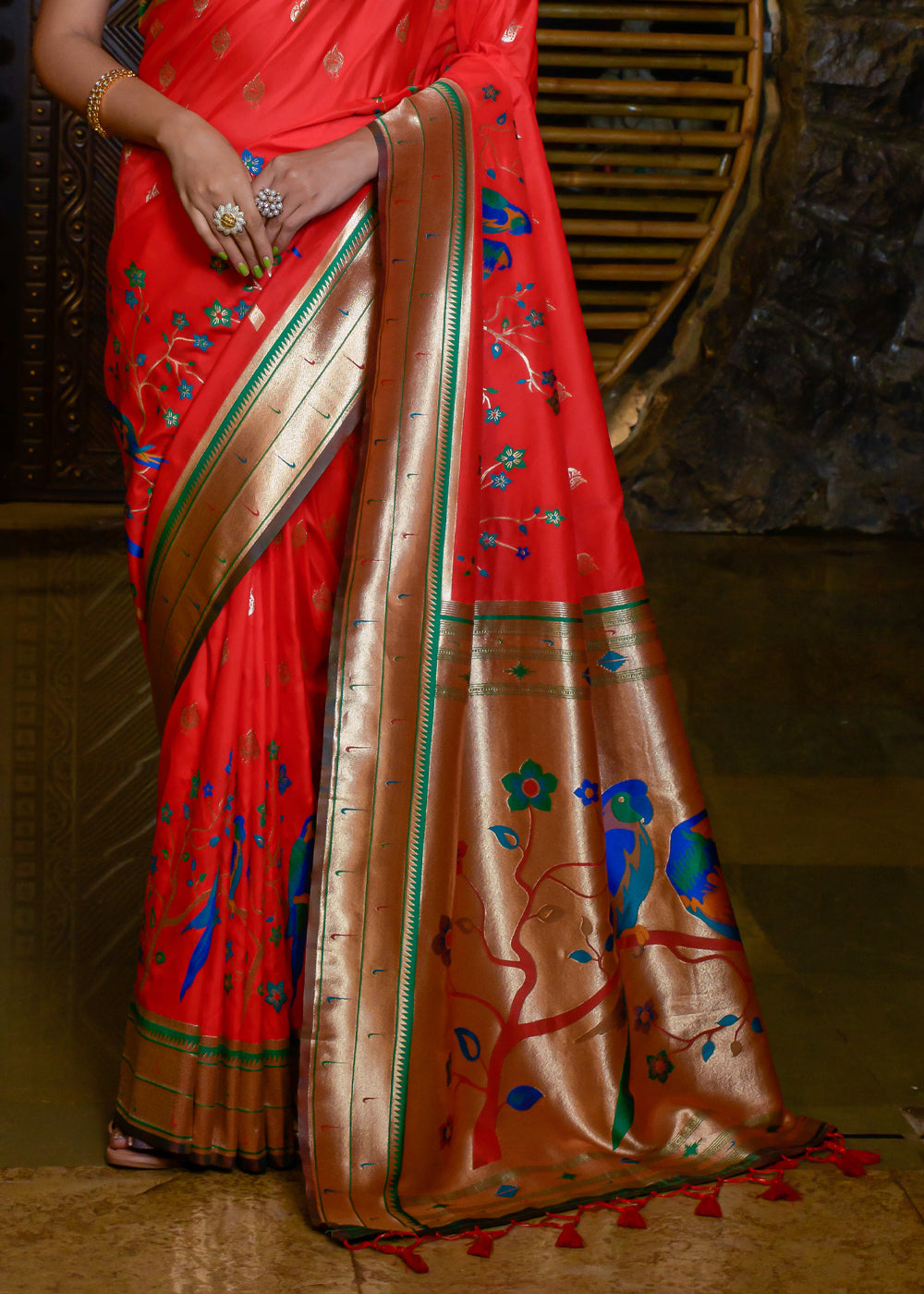 Salmon Pearl Red Woven Paithani Silk Saree