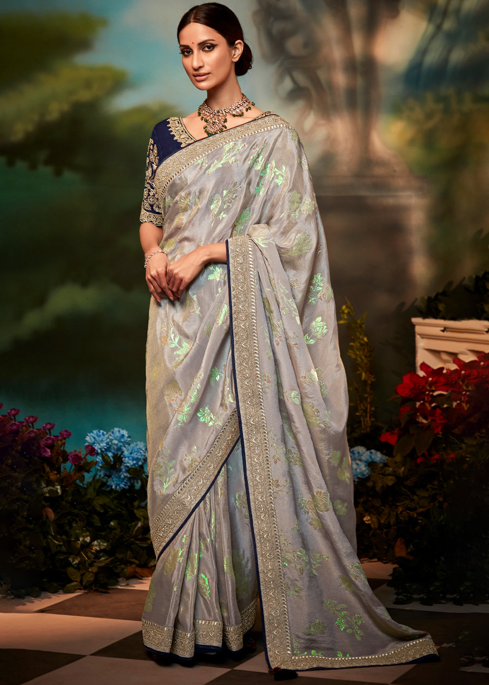 Eagle Grey Woven Banarasi Soft Silk Designer Saree