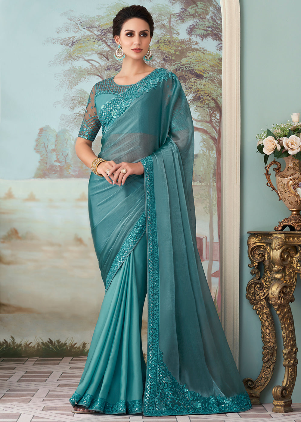 Fountain Blue Designer Embroidered Satin Silk Saree