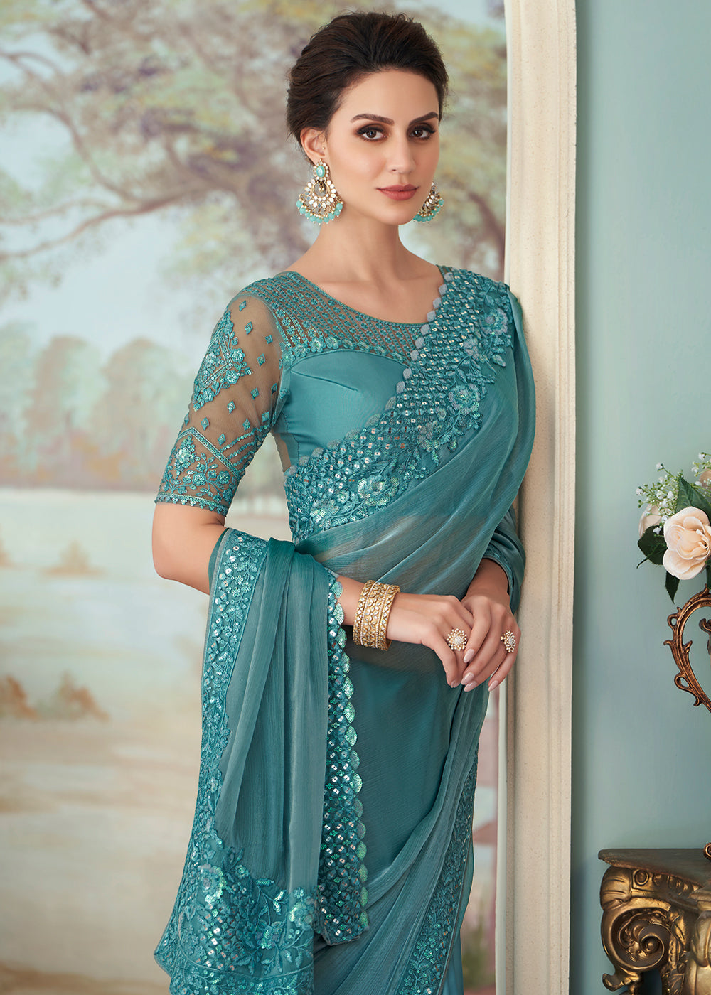 Fountain Blue Designer Embroidered Satin Silk Saree