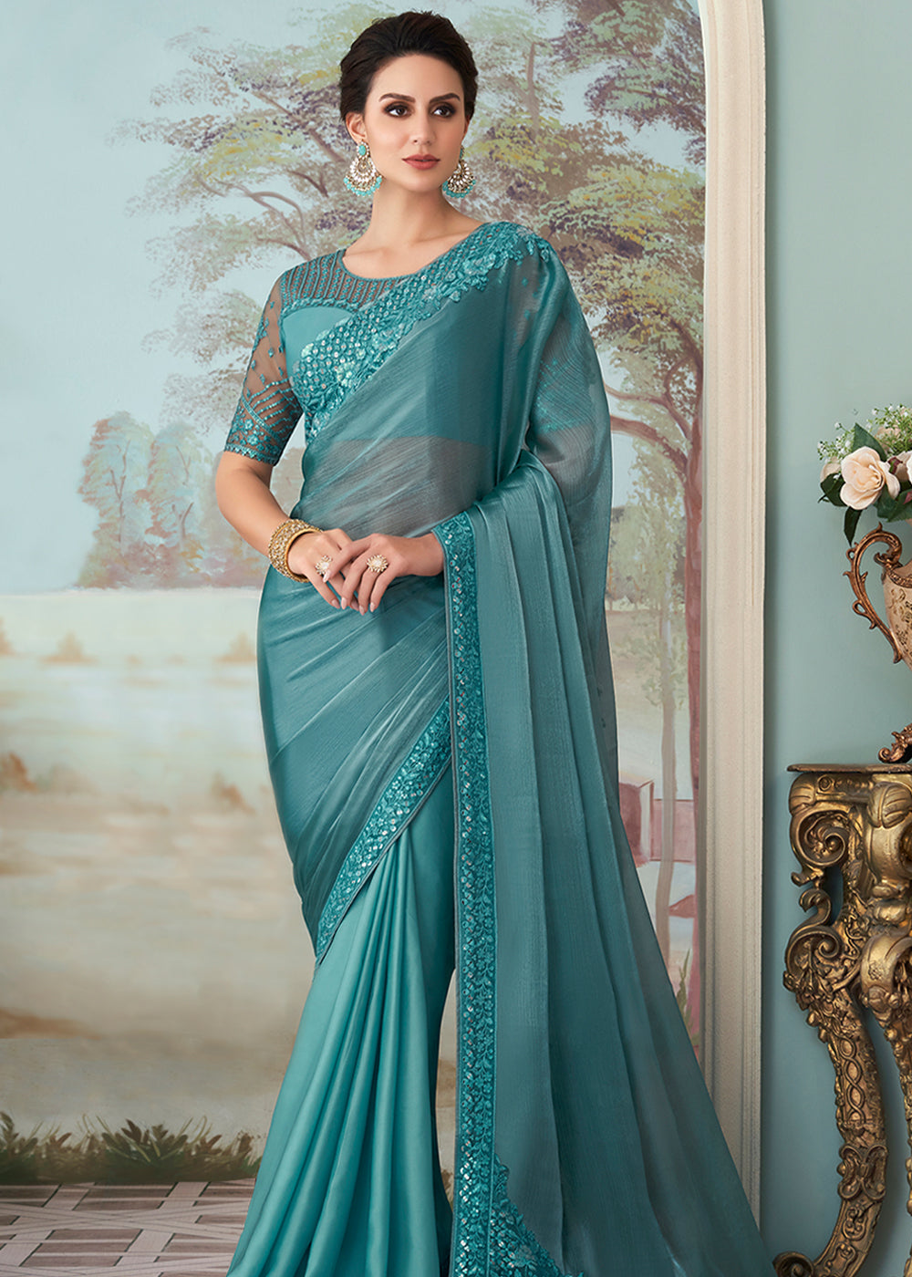 Fountain Blue Designer Embroidered Satin Silk Saree