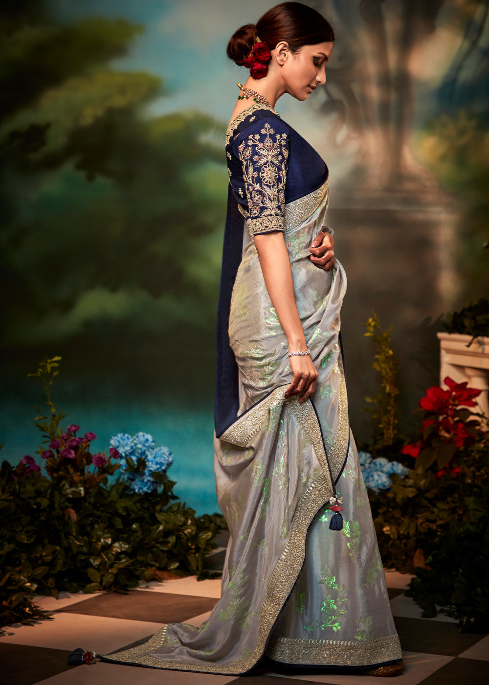 Eagle Grey Woven Banarasi Soft Silk Designer Saree