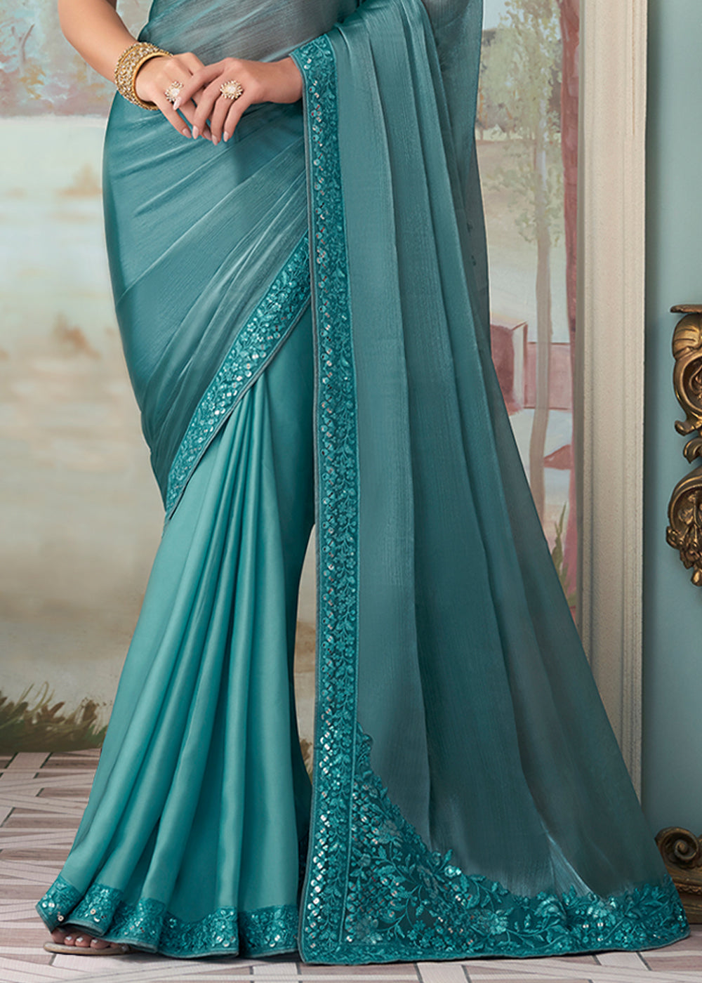 Fountain Blue Designer Embroidered Satin Silk Saree