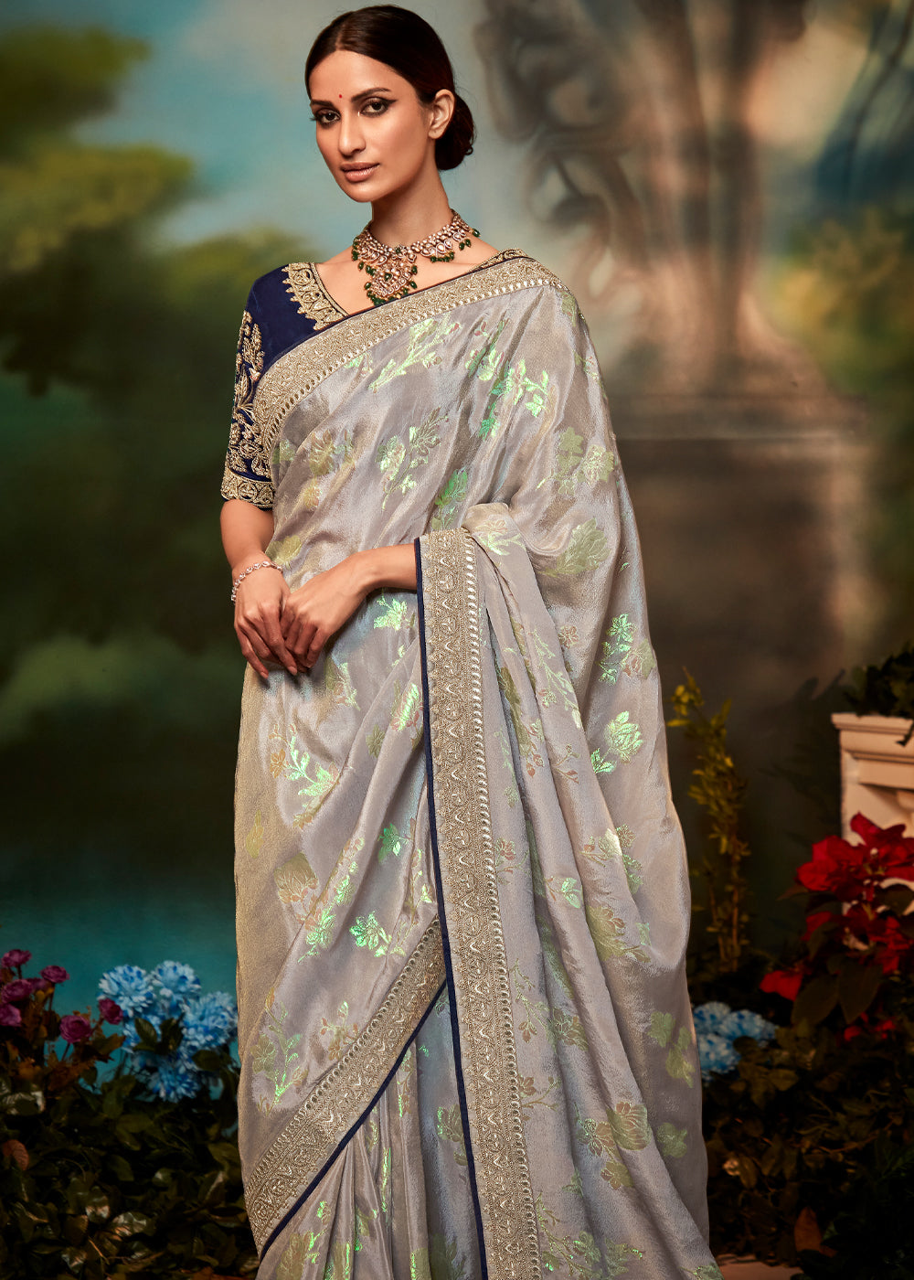 Eagle Grey Woven Banarasi Soft Silk Designer Saree