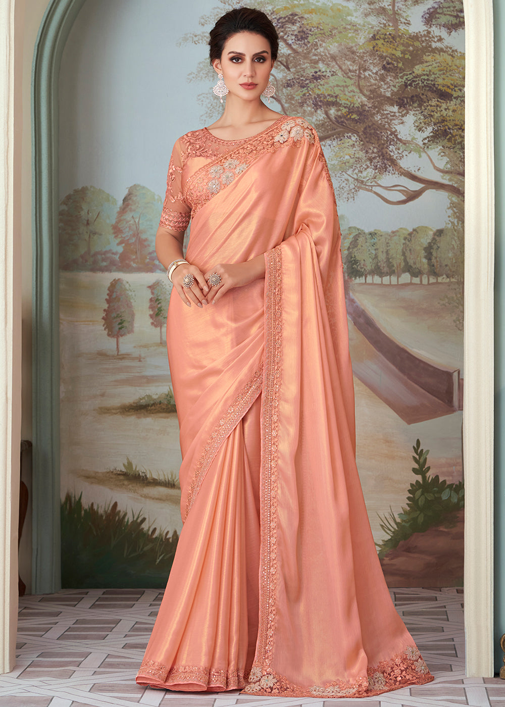 Dark Shine Peach Designer Embroidered Satin Silk Saree