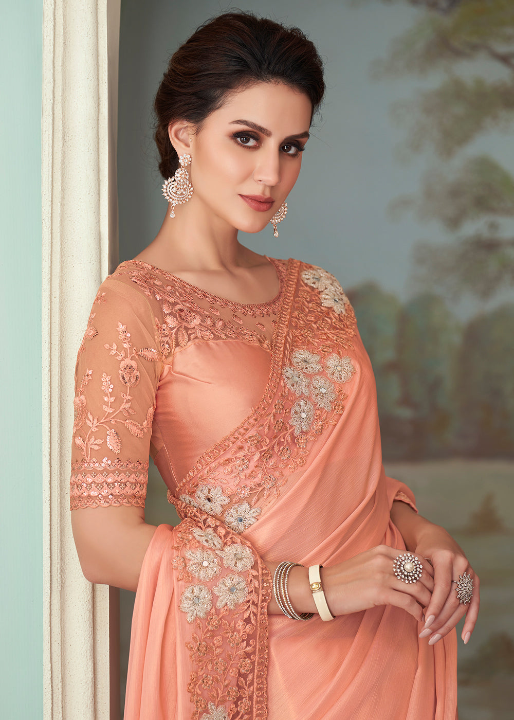 Dark Shine Peach Designer Embroidered Satin Silk Saree