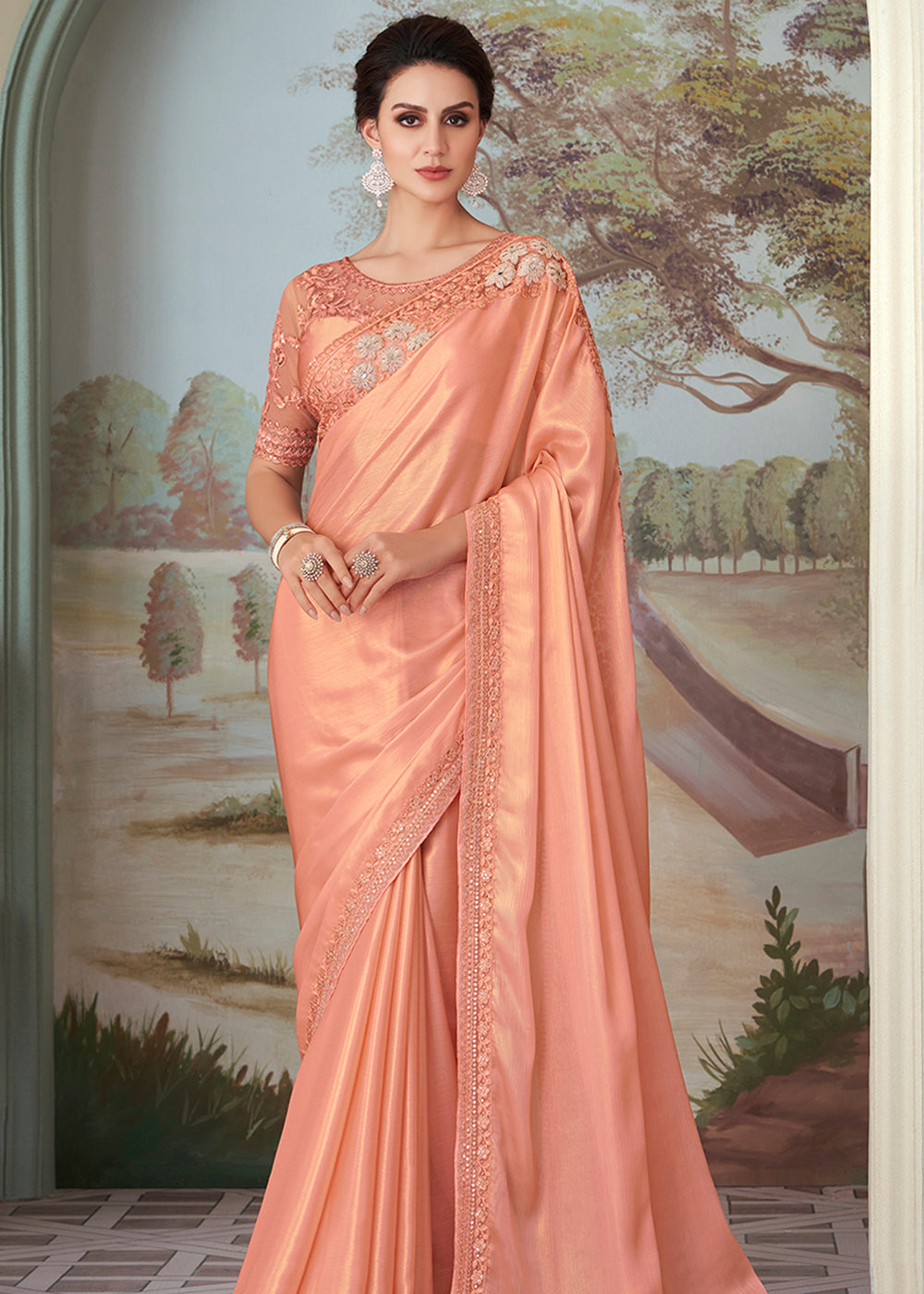 Dark Shine Peach Designer Embroidered Satin Silk Saree