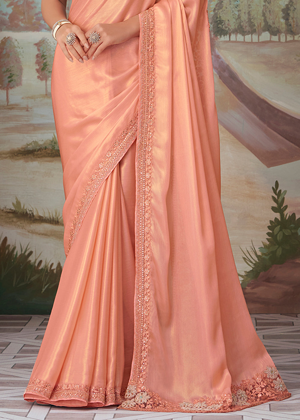 Dark Shine Peach Designer Embroidered Satin Silk Saree