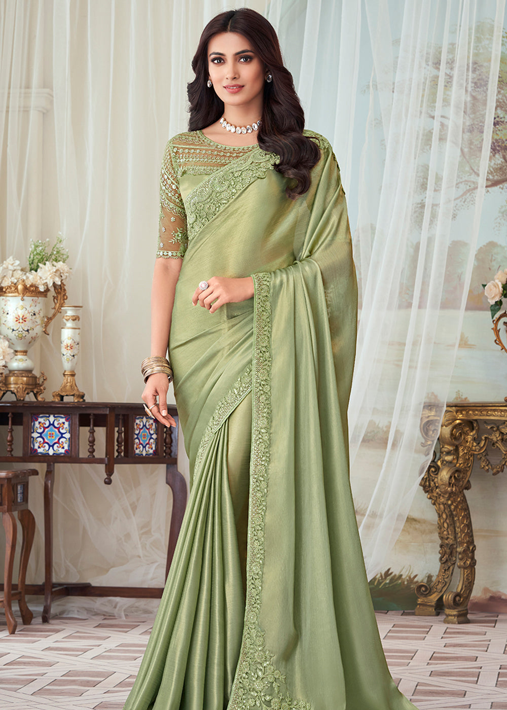 Thistle Green Designer Embroidered Satin Silk Saree