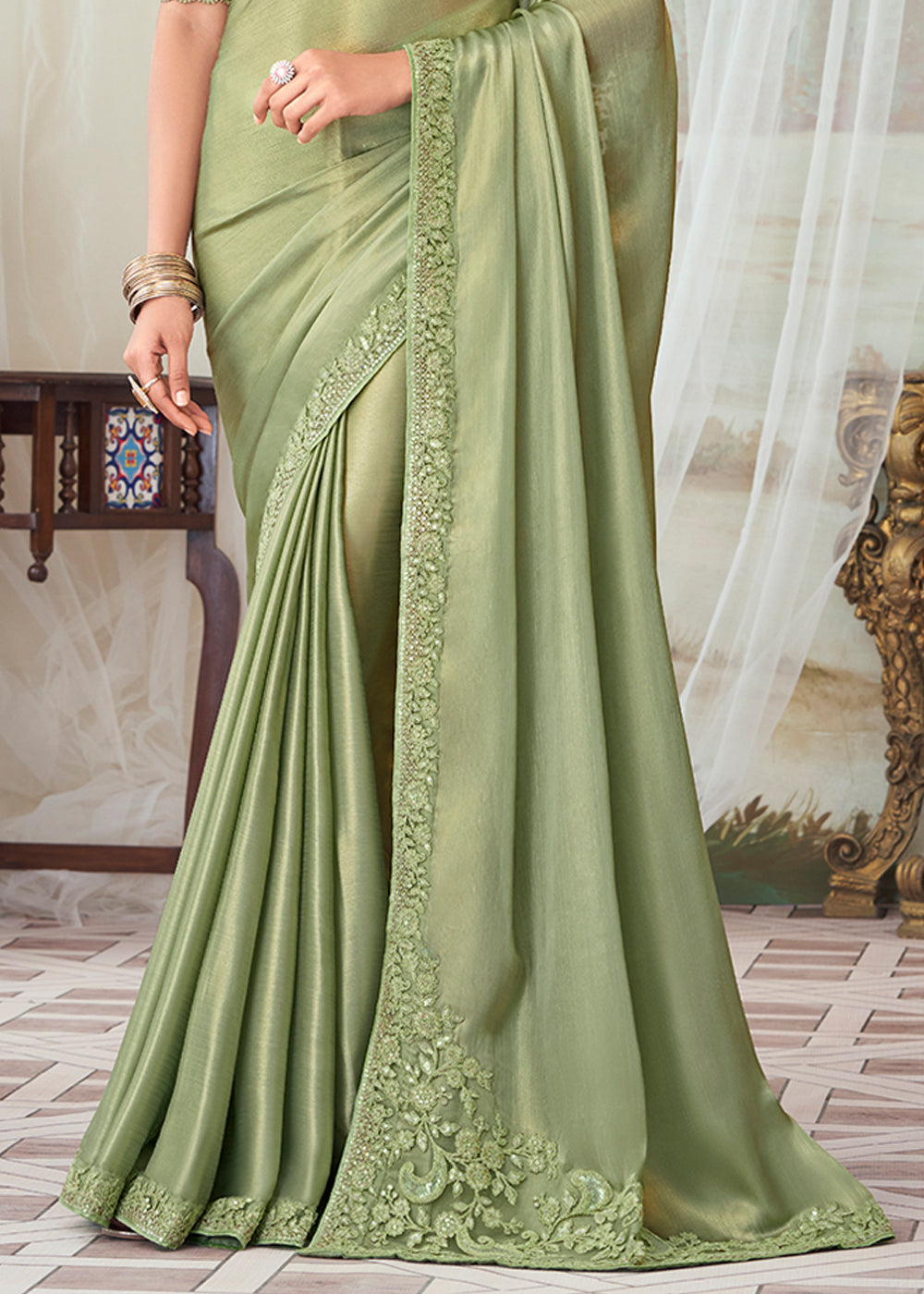 Thistle Green Designer Embroidered Satin Silk Saree