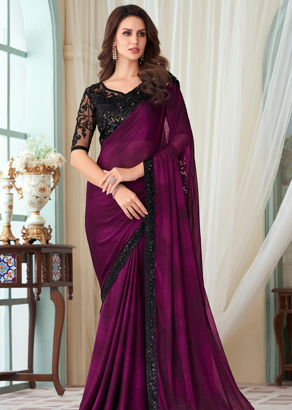 Finn Purple Designer Embroidered Satin Silk Saree