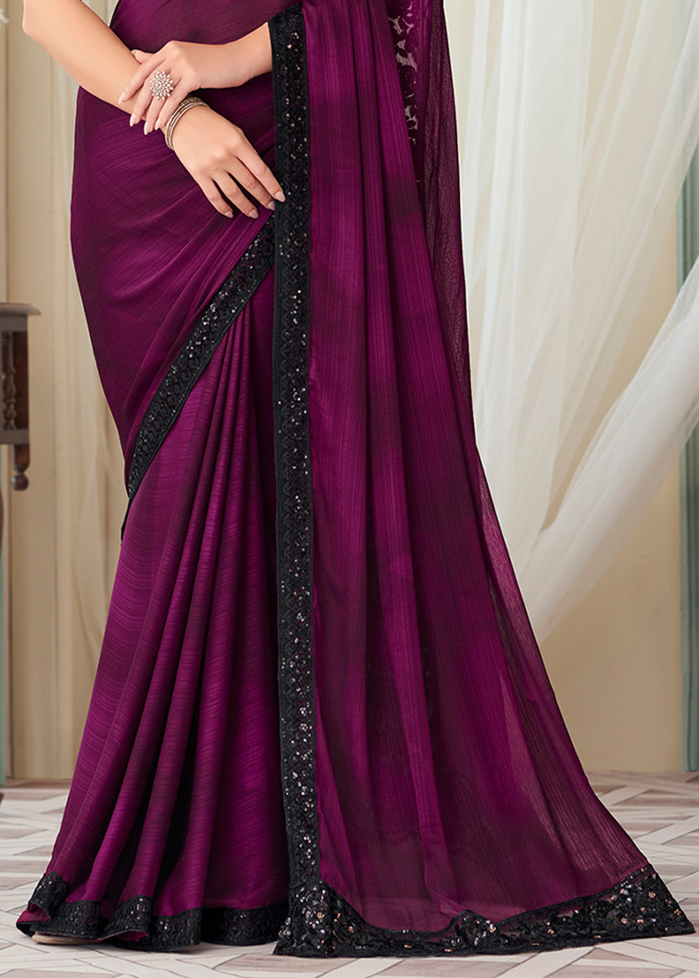 Finn Purple Designer Embroidered Satin Silk Saree