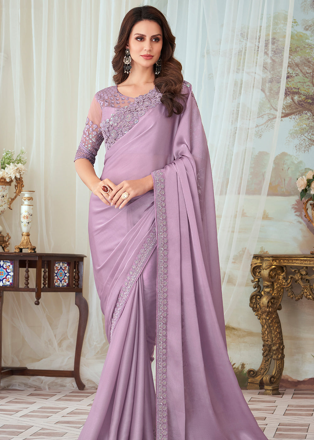 Cherub Lavender Designer Embroidered Satin Silk Saree