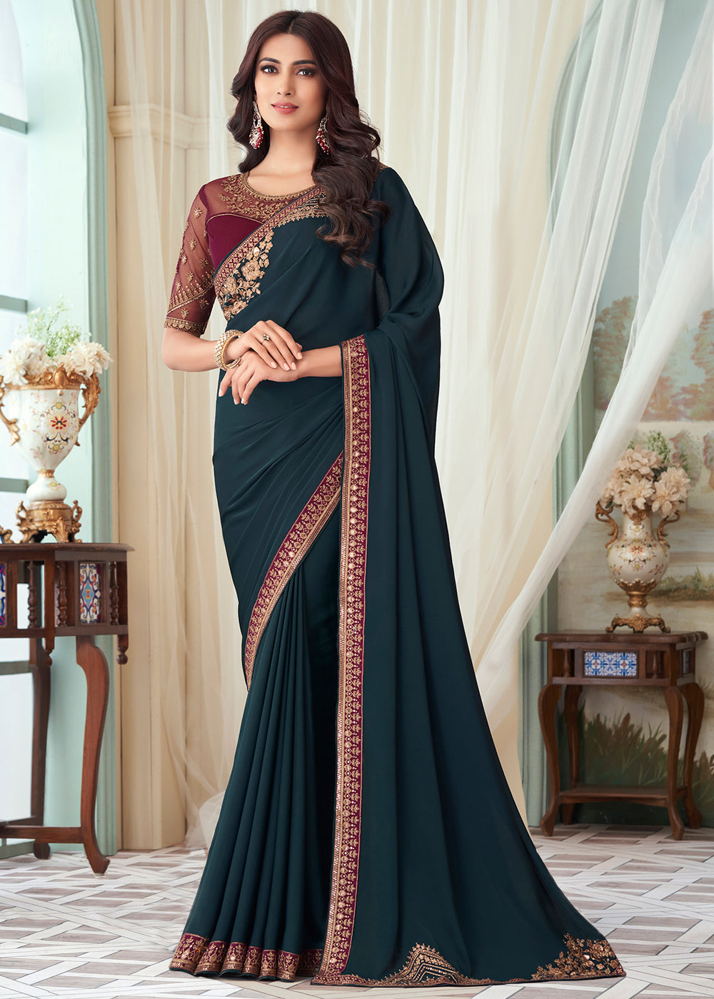 Oxford Blue Designer Embroidered Satin Silk Saree