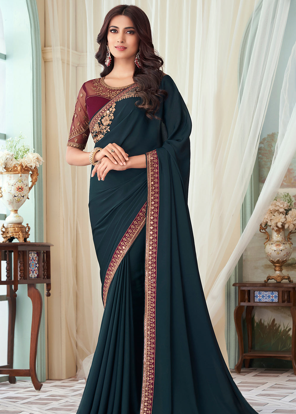 Oxford Blue Designer Embroidered Satin Silk Saree