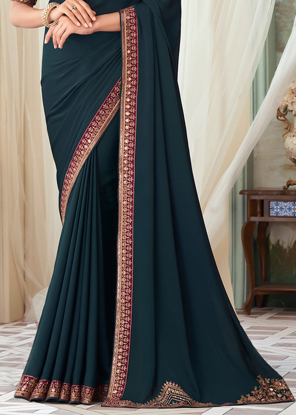 Oxford Blue Designer Embroidered Satin Silk Saree