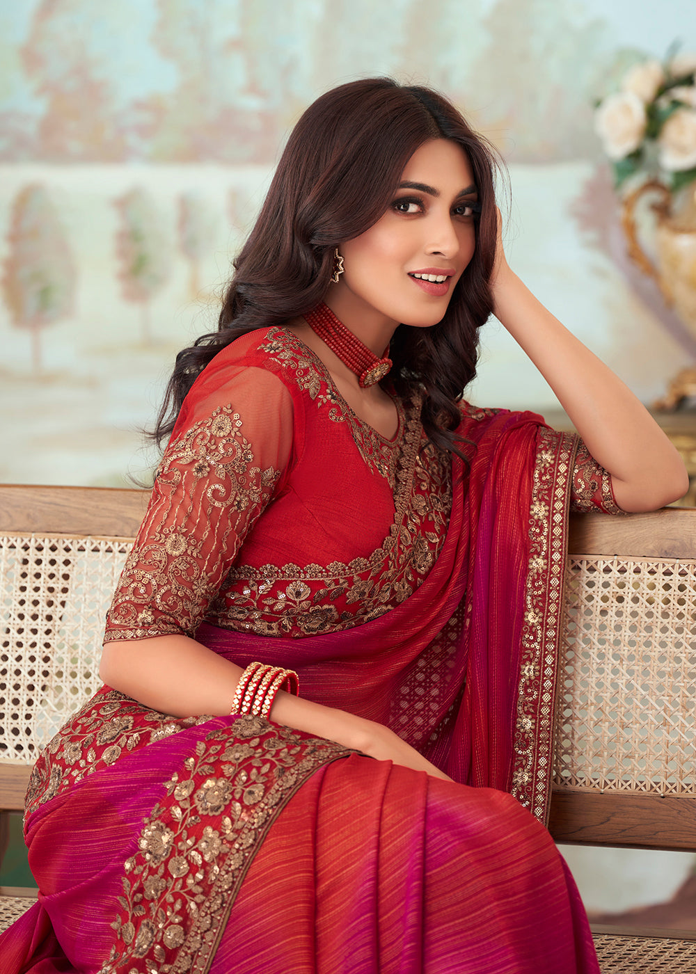 Cabaret Pink and Red Designer Embroidered Satin Silk Saree