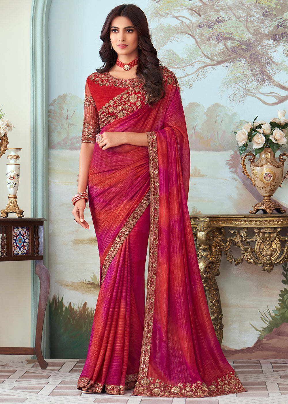 Cabaret Pink and Red Designer Embroidered Satin Silk Saree