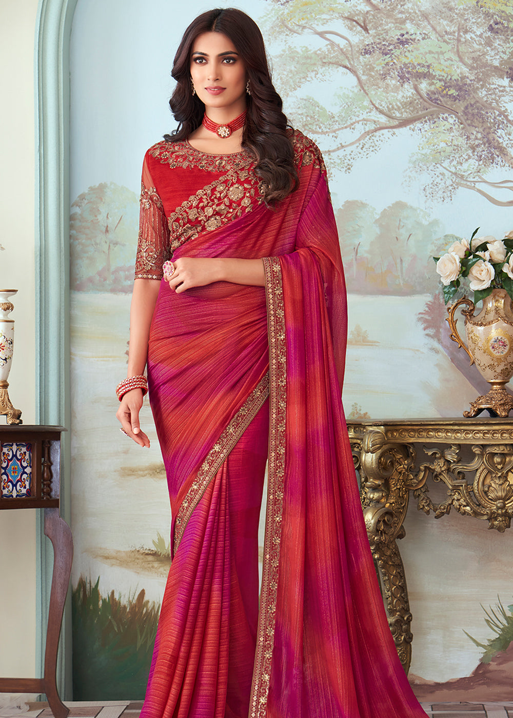 Cabaret Pink and Red Designer Embroidered Satin Silk Saree