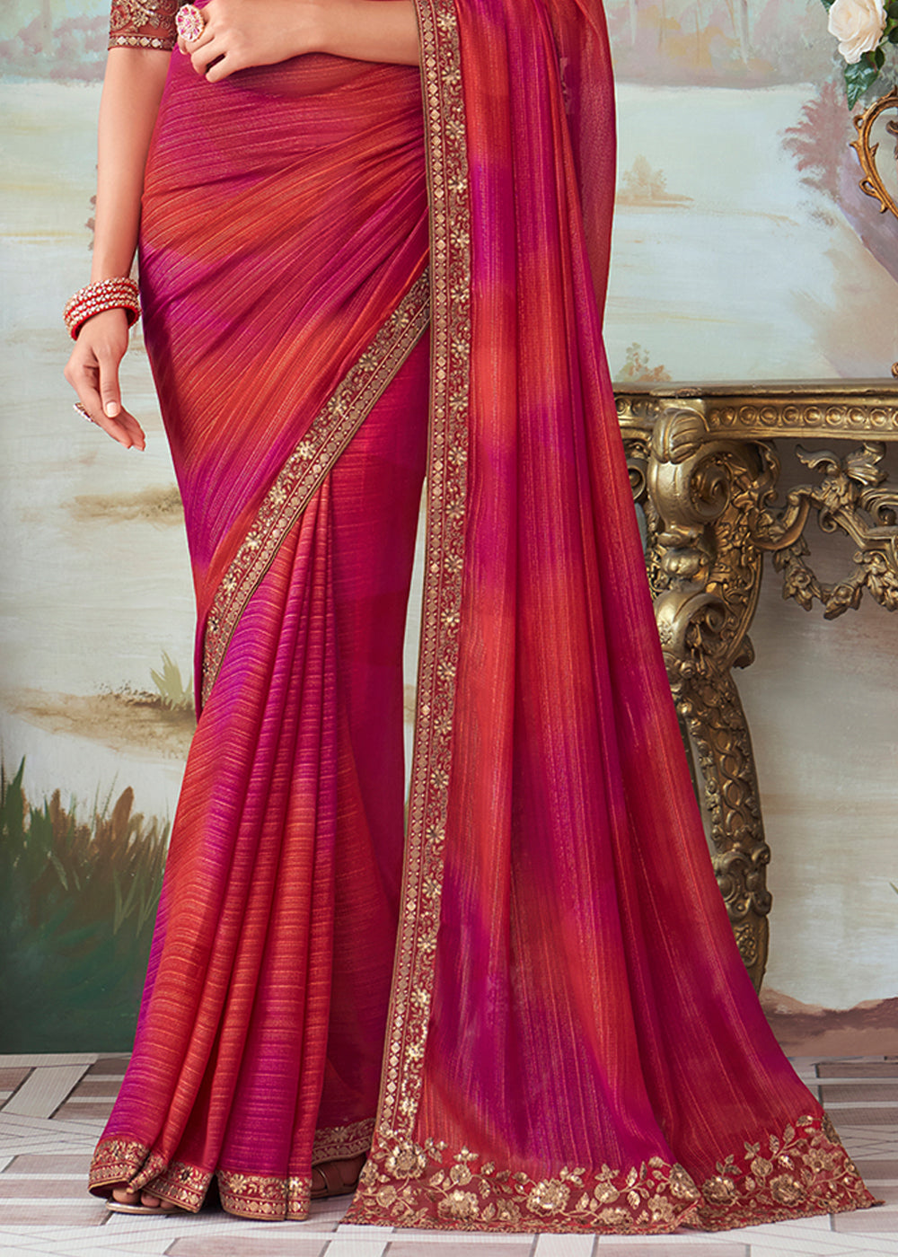 Cabaret Pink and Red Designer Embroidered Satin Silk Saree