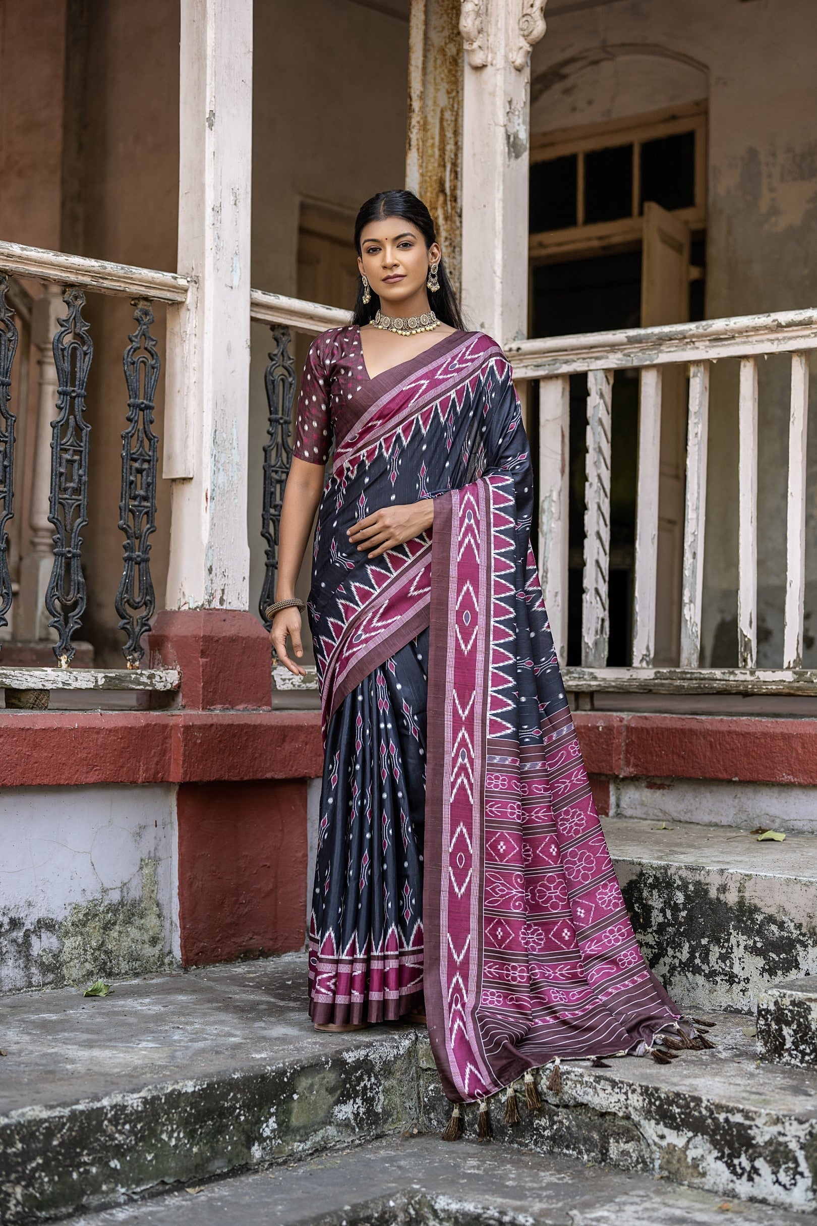 Charade Black Ikkat Printed Cotton Silk Saree