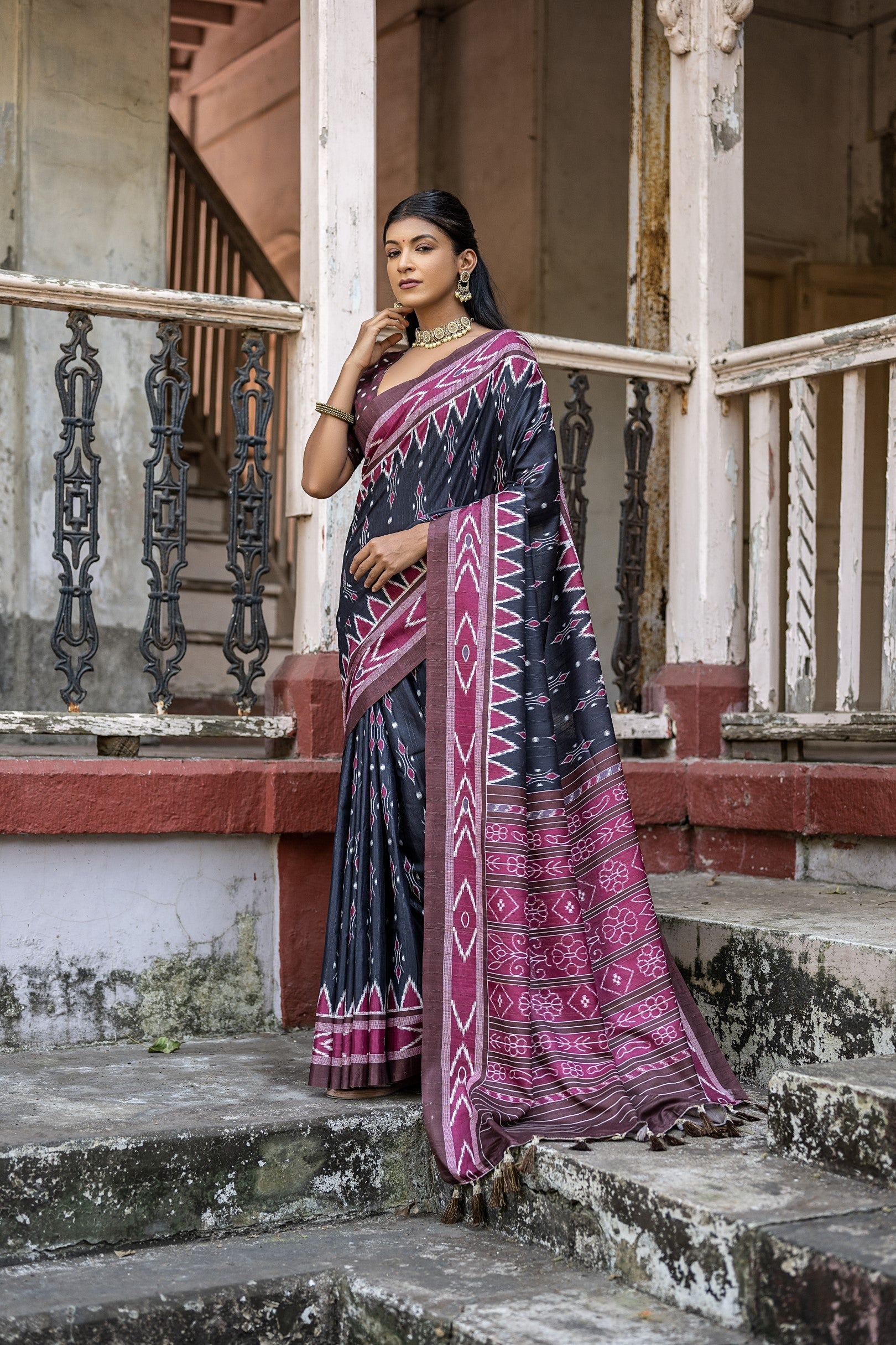 Charade Black Ikkat Printed Cotton Silk Saree