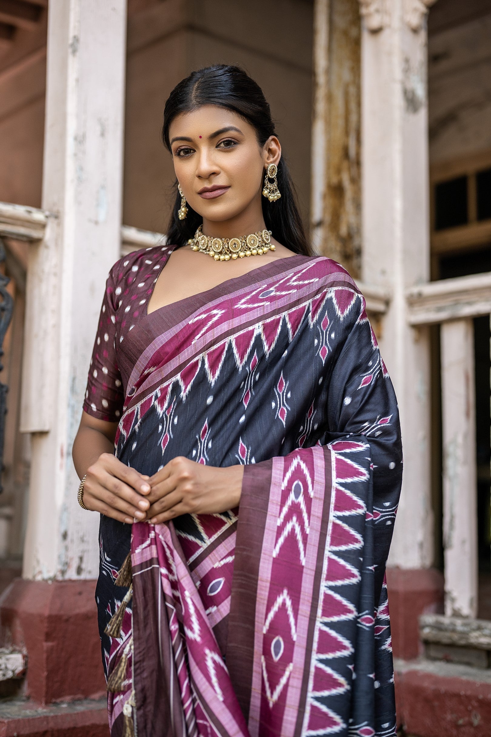 Charade Black Ikkat Printed Cotton Silk Saree