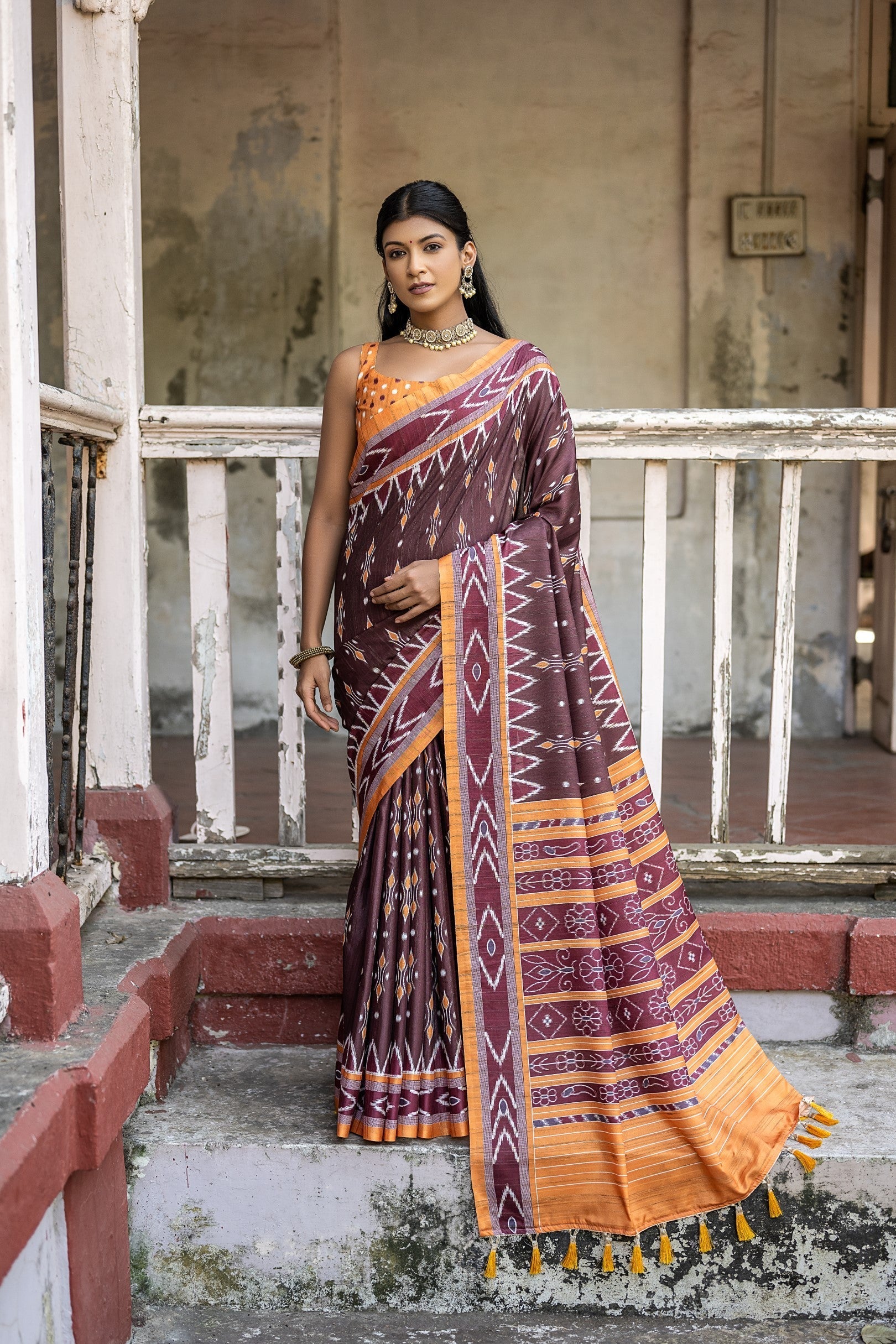 Coffee Brown Ikkat Printed Cotton Silk Saree