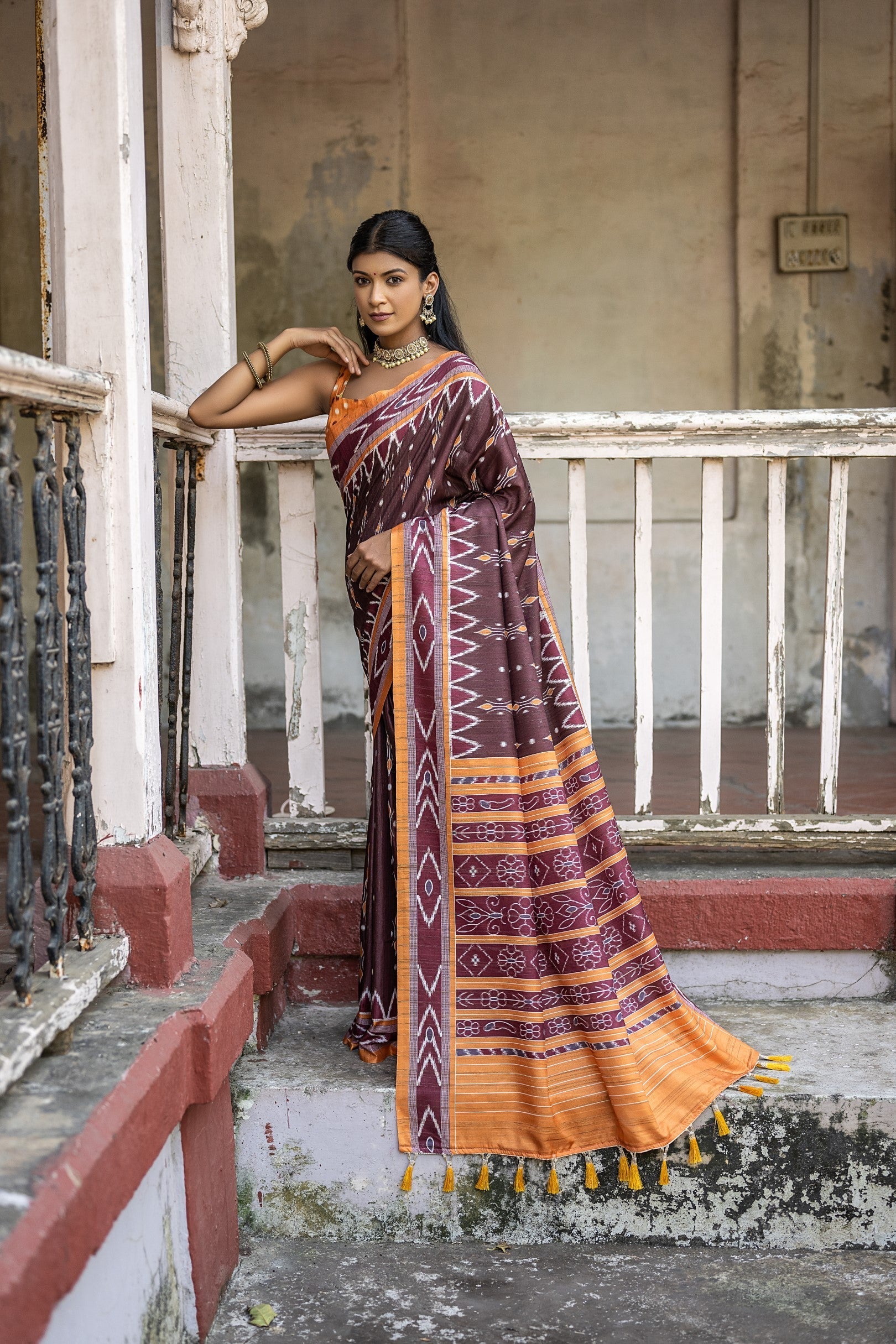 Coffee Brown Ikkat Printed Cotton Silk Saree